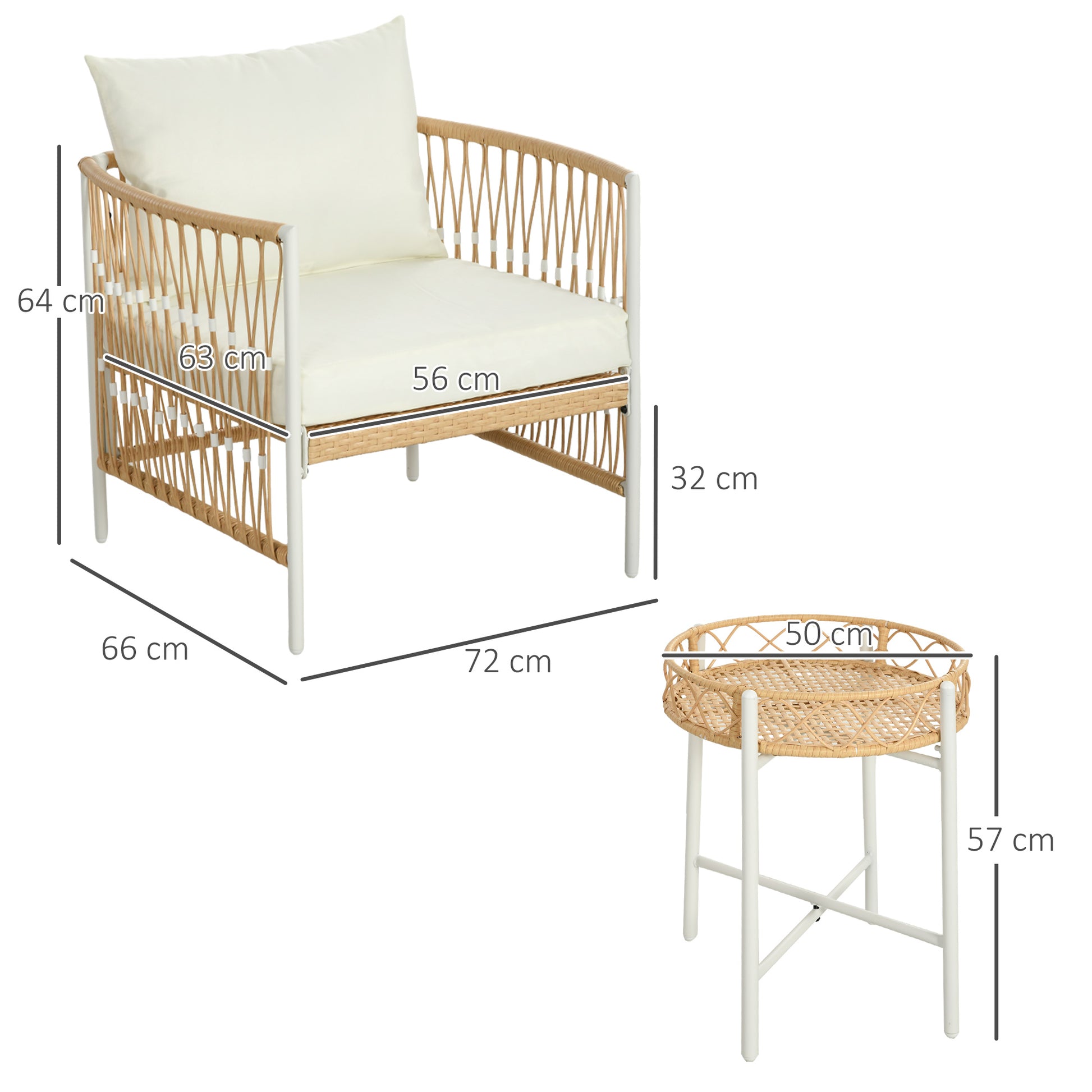 3-Piece Rattan Garden Furniture Set, Patio Set with 2 Garden Chairs, Coffee Table, Balcony Furniture Set with Cushions, for Balcony, Terrace, Yellow+Cream