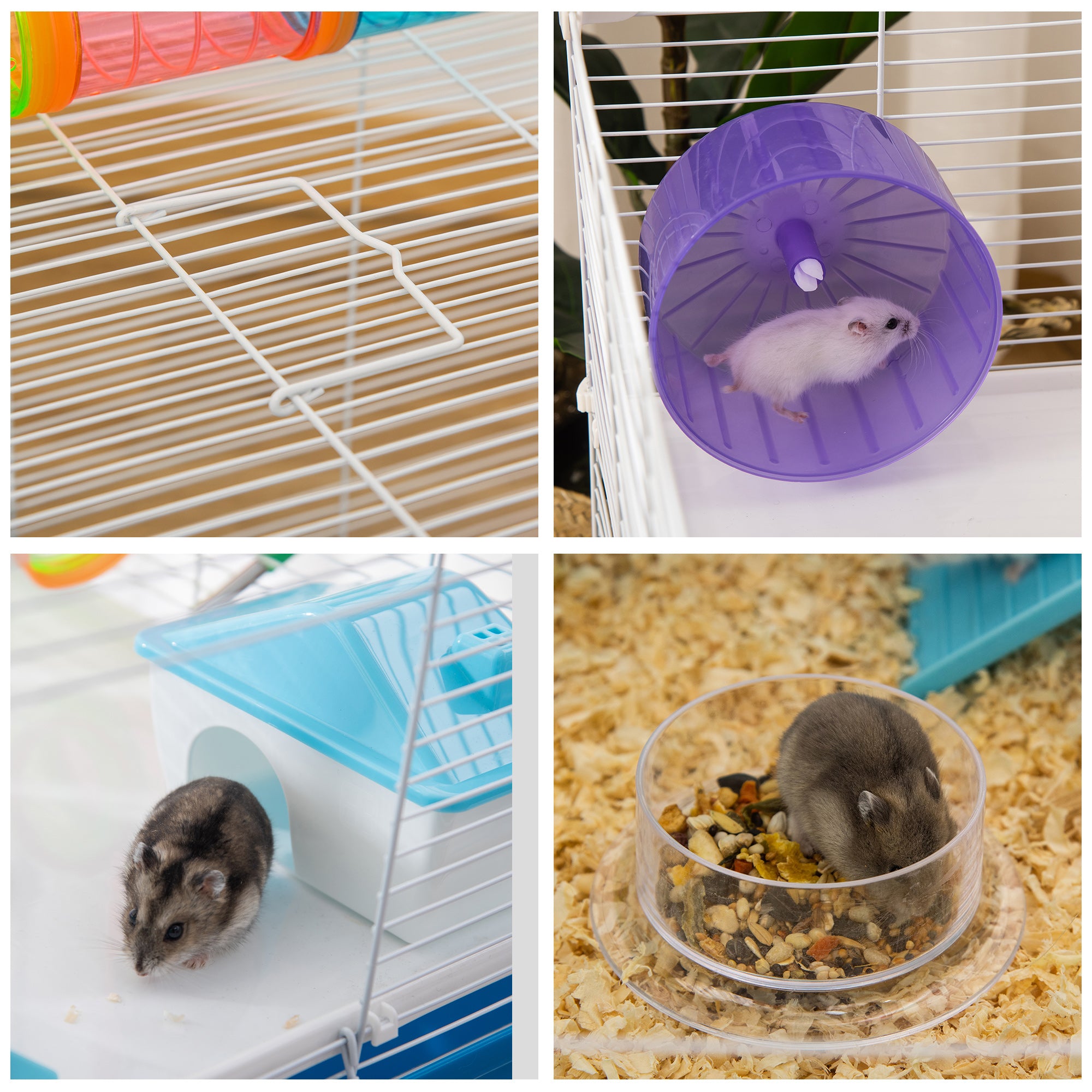 3-Level Hamster Cage, House for Small Hamsters with Tubes, House, Water Tank, and Hamster Wheel, 59x36x47 cm, Blue and White