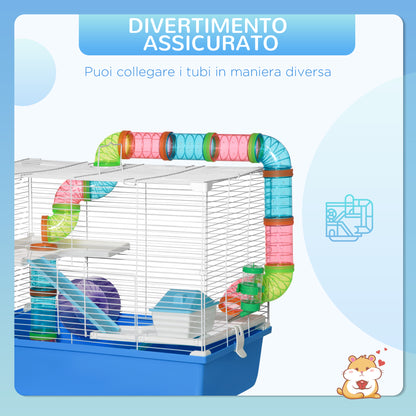 3-Level Hamster Cage, House for Small Hamsters with Tubes, House, Water Tank, and Hamster Wheel, 59x36x47 cm, Blue and White