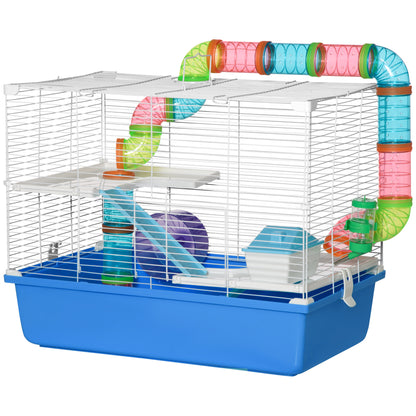 3-Level Hamster Cage, House for Small Hamsters with Tubes, House, Water Tank, and Hamster Wheel, 59x36x47 cm, Blue and White