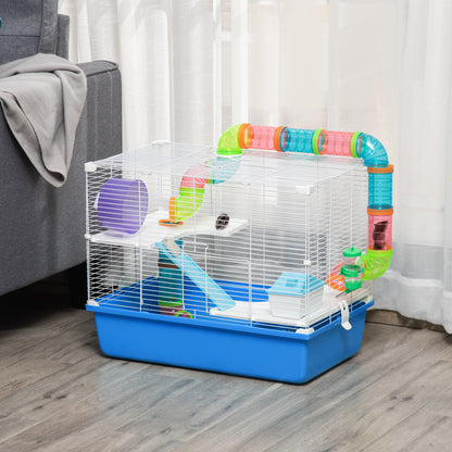 3-Level Hamster Cage, House for Small Hamsters with Tubes, House, Water Tank, and Hamster Wheel, 59x36x47 cm, Blue and White