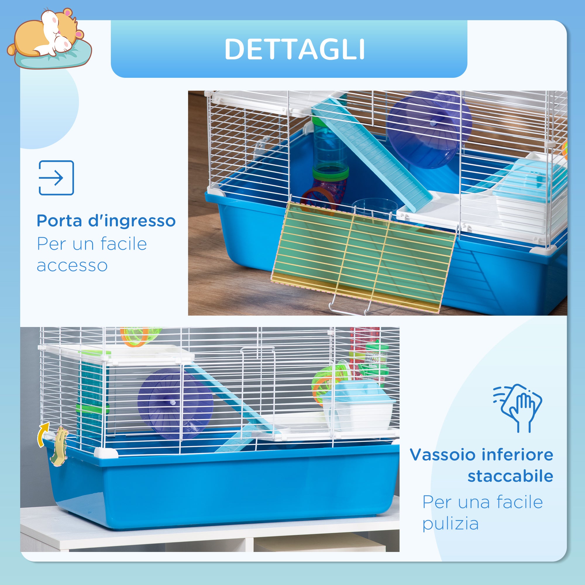 3-Level Hamster Cage, House for Small Hamsters with Tubes, House, Water Tank, and Hamster Wheel, 59x36x47 cm, Blue and White