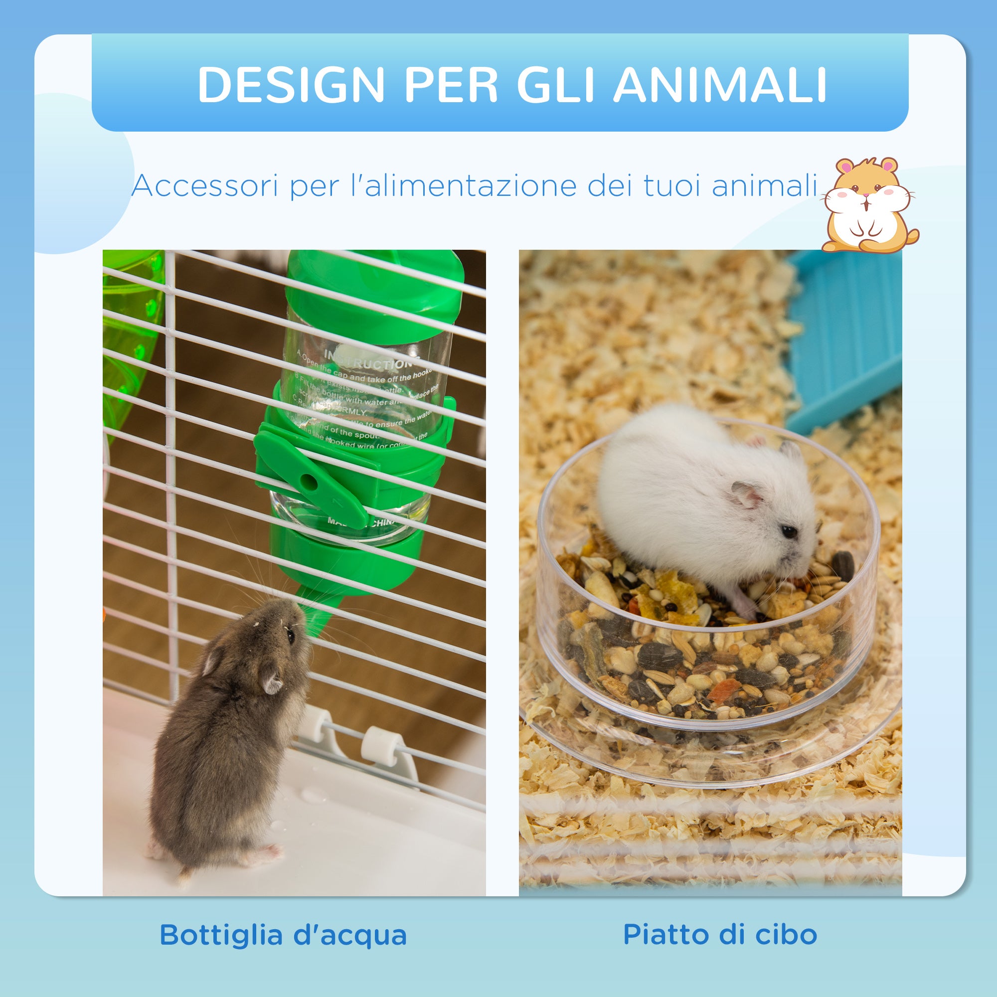 3-Level Hamster Cage, House for Small Hamsters with Tubes, House, Water Tank, and Hamster Wheel, 59x36x47 cm, Blue and White