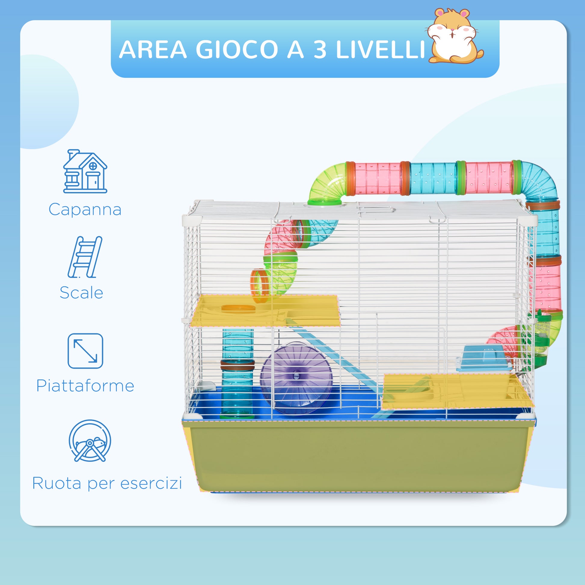 3-Level Hamster Cage, House for Small Hamsters with Tubes, House, Water Tank, and Hamster Wheel, 59x36x47 cm, Blue and White