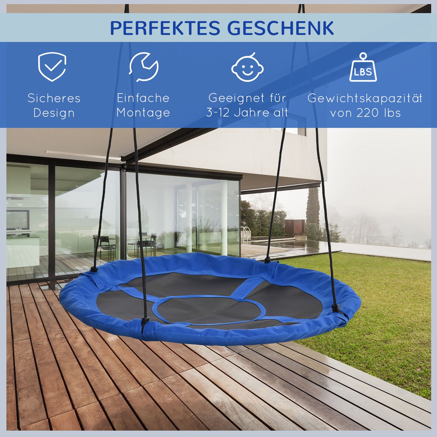 Nest Swing Ø110 cm, Hanging Swing up to 100 kg, Adjustable Children's Swing, Children's Garden Swing Disc Swing for 3-12 Years Children, Blue