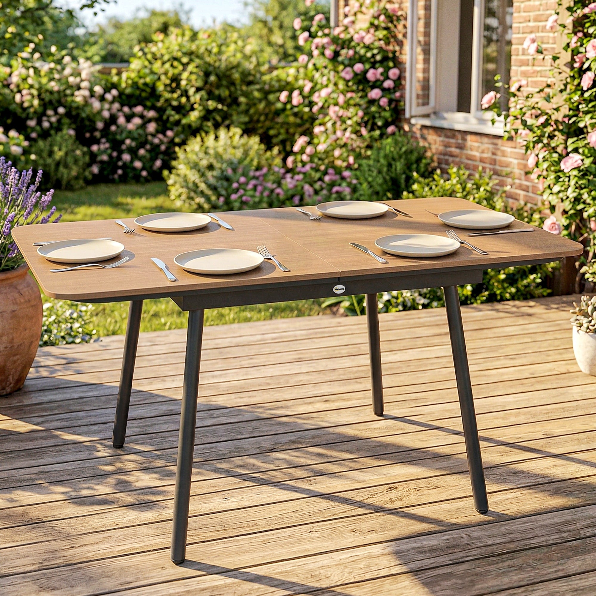 55.1 x 31.5 in Outdoor Dining Table for 6 – Weather-Resistant WPC Wood-Look Top, Rust-Resistant Metal Frame, Adjustable Feet, Rectangular Patio/Balcony Table (Teak)