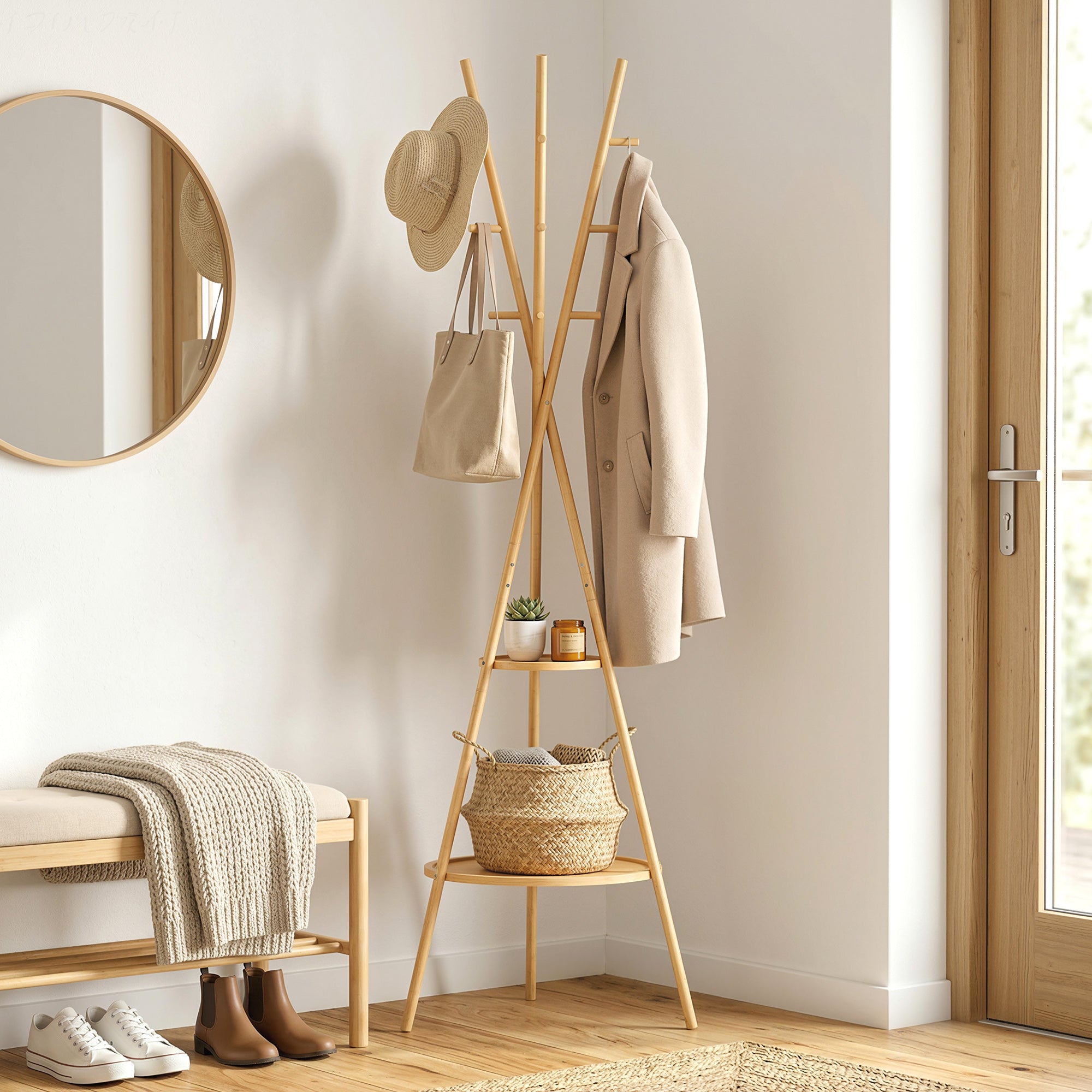 Modern Freestanding Coat Rack with 2 Shelves & 9 Hooks, Natural Bamboo