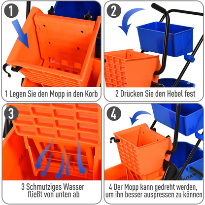 Cleaning Cart 26 Liters Mop Bucket with Press, Household Cart with Wheels Orange
