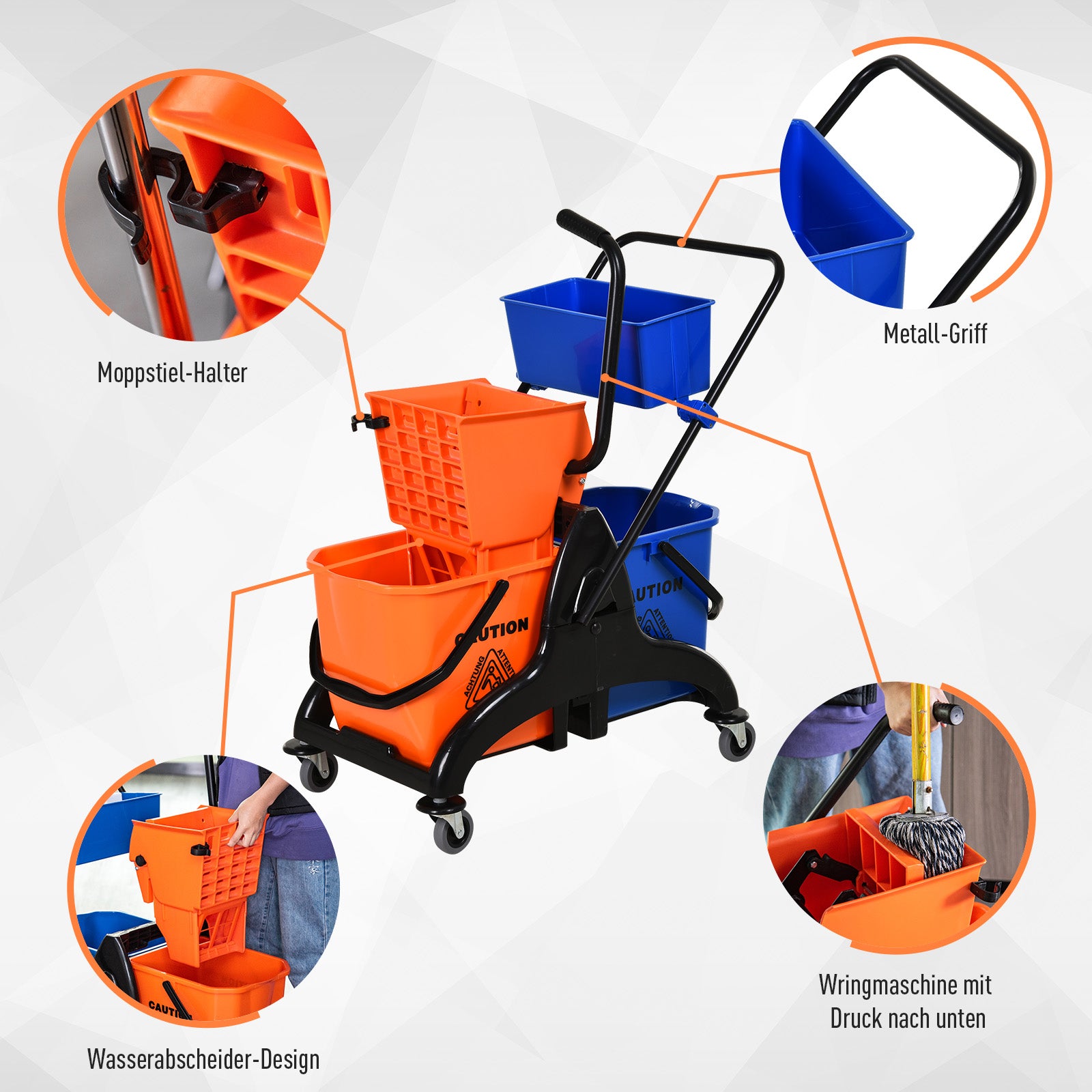 Cleaning Cart 26 Liters Mop Bucket with Press, Household Cart with Wheels Orange