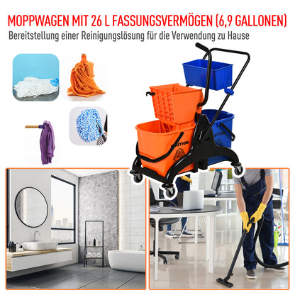 Cleaning Cart 26 Liters Mop Bucket with Press, Household Cart with Wheels Orange