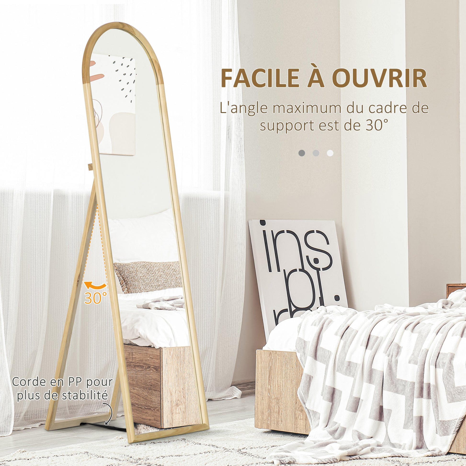 Wooden Floor Mirror in rectangular round shape with Scandinavian Style for Entryway, Bedroom, Dressing room, Dimensions 148L x 41W cm