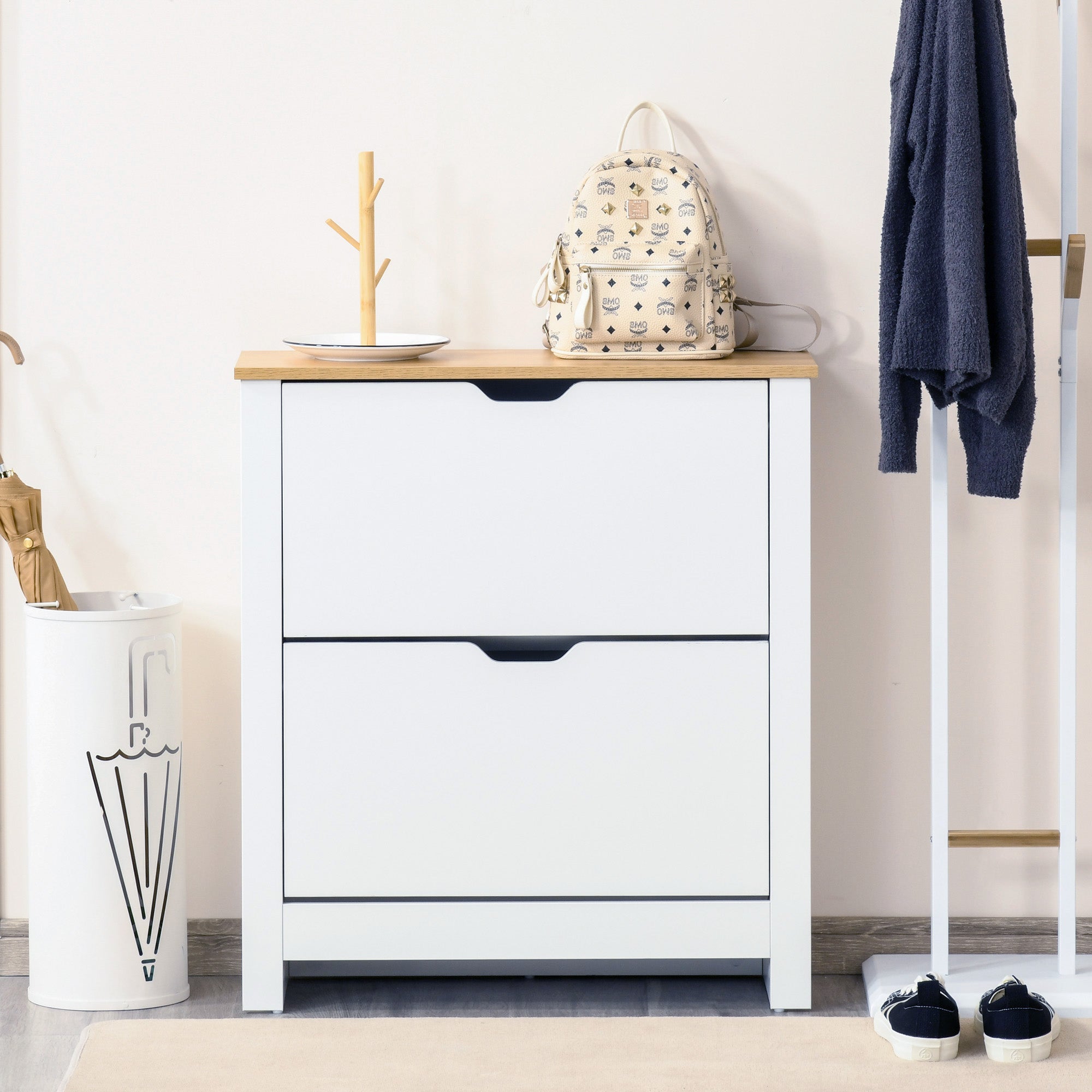Modern Shoe Cabinet Entryway Shoe Rack for 12 Pairs of Shoes with Flip-Down Drawers and Adjustable Shelves Narrow Shoe Storage for Hallway 72x26x80 cm White