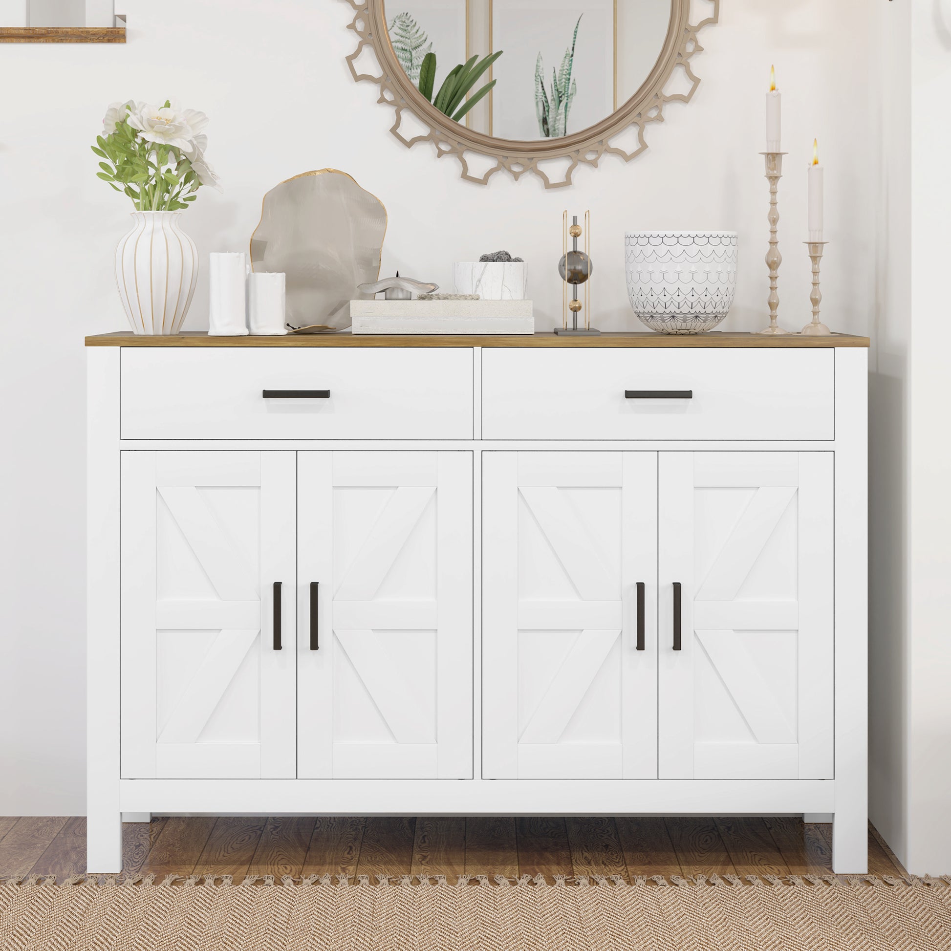 Kitchen Sideboard with 2 Drawers and 2 Cabinets, Rustic Style Buffet with Adjustable Shelves for Living Room and Dining Room, White