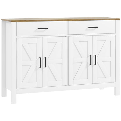 Kitchen Sideboard with 2 Drawers and 2 Cabinets, Rustic Style Buffet with Adjustable Shelves for Living Room and Dining Room, White