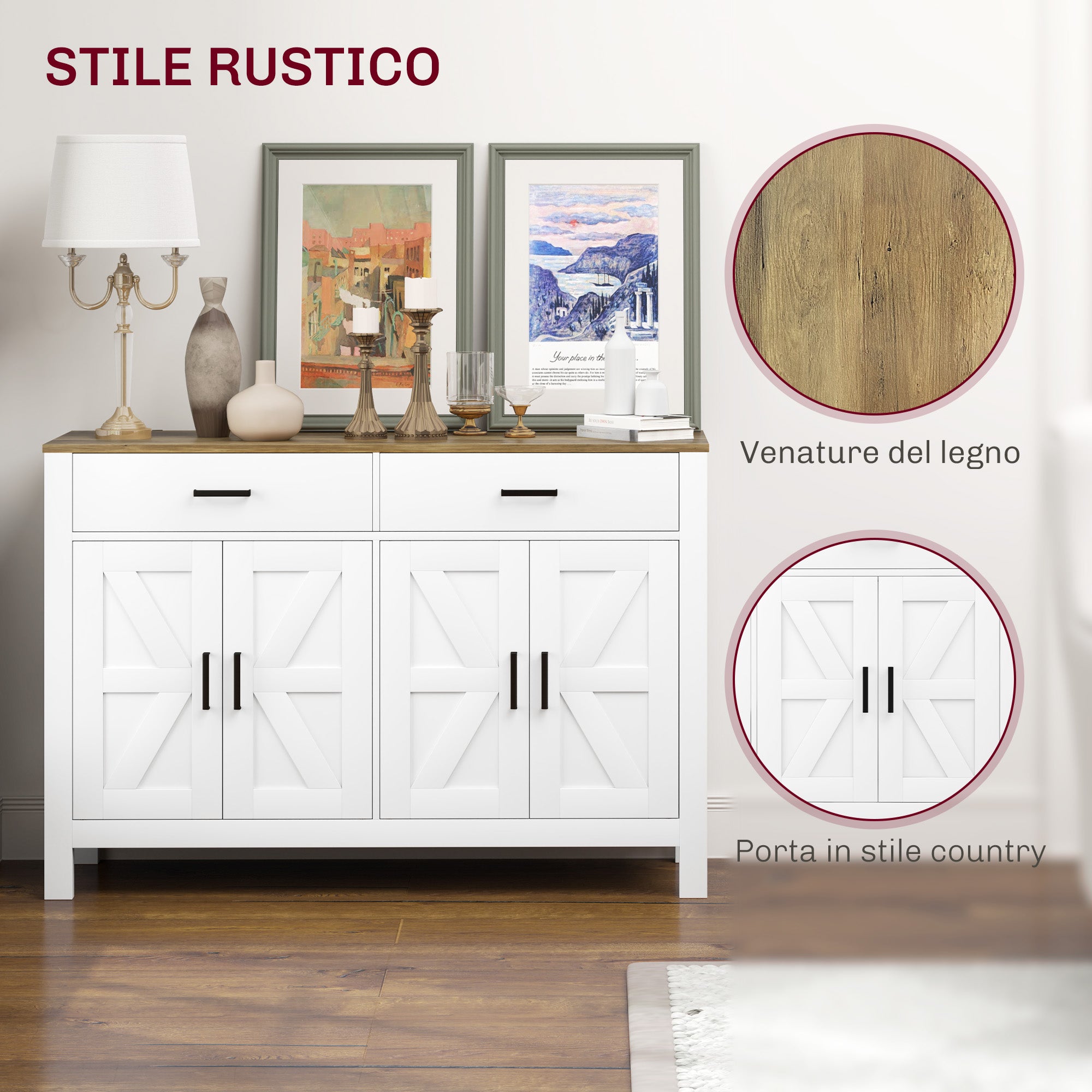 Kitchen Sideboard with 2 Drawers and 2 Cabinets, Rustic Style Buffet with Adjustable Shelves for Living Room and Dining Room, White