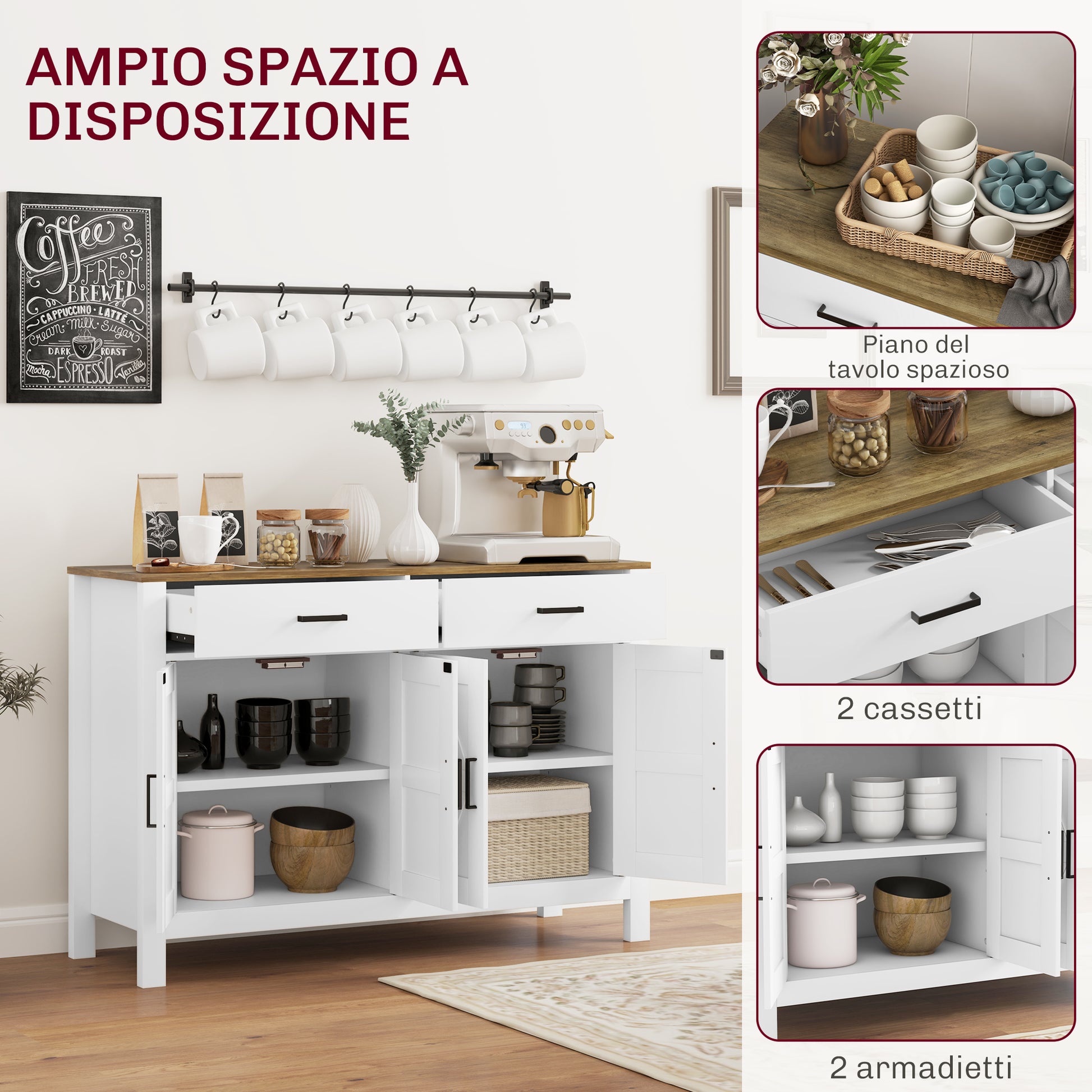 Kitchen Sideboard with 2 Drawers and 2 Cabinets, Rustic Style Buffet with Adjustable Shelves for Living Room and Dining Room, White