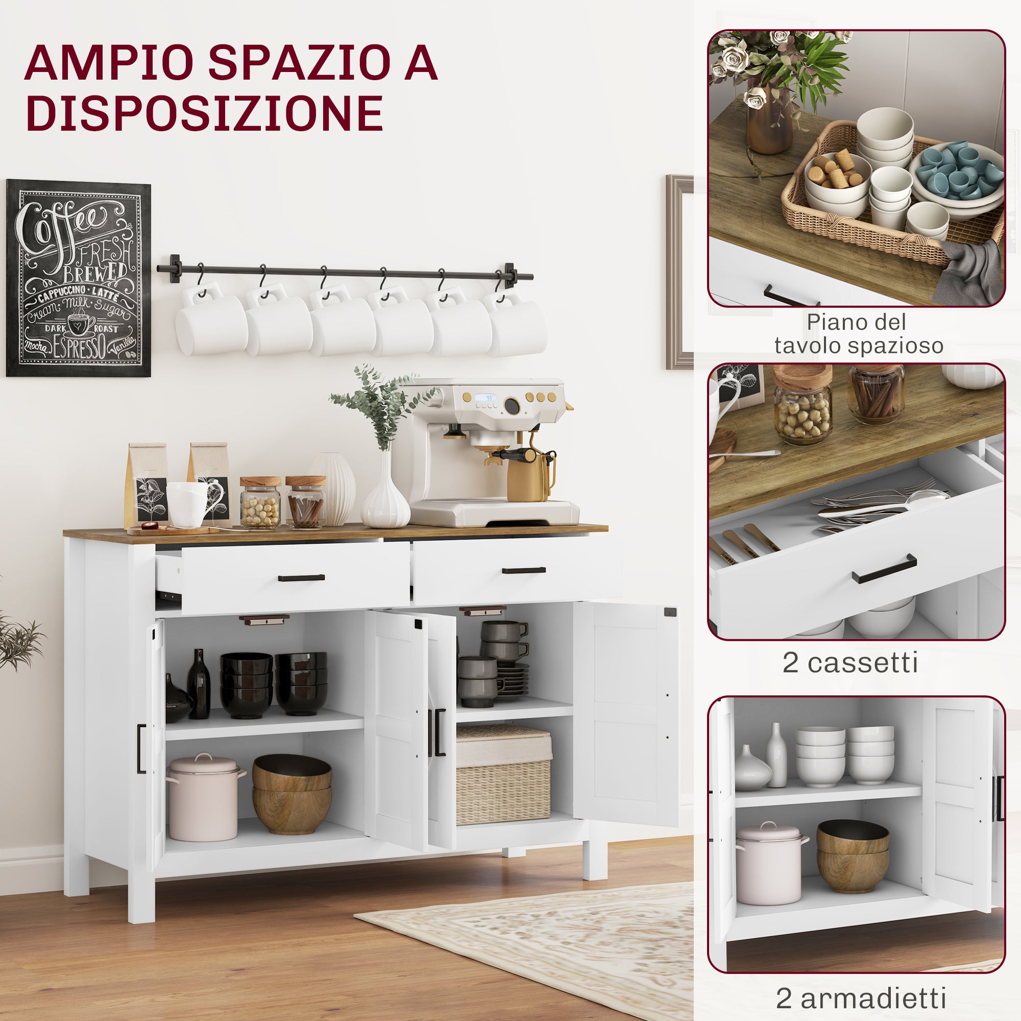 Kitchen Sideboard with 2 Drawers and 2 Cabinets, Rustic Style Buffet with Adjustable Shelves for Living Room and Dining Room, White