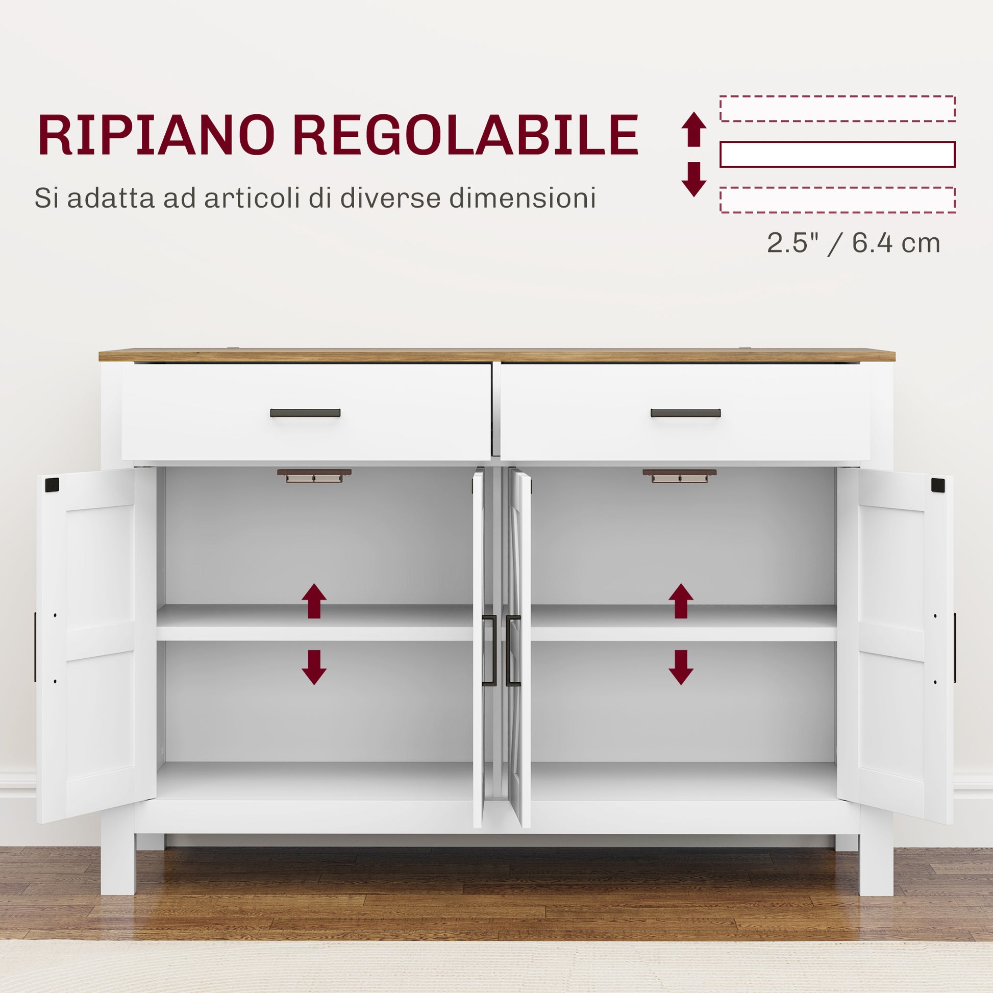 Kitchen Sideboard with 2 Drawers and 2 Cabinets, Rustic Style Buffet with Adjustable Shelves for Living Room and Dining Room, White
