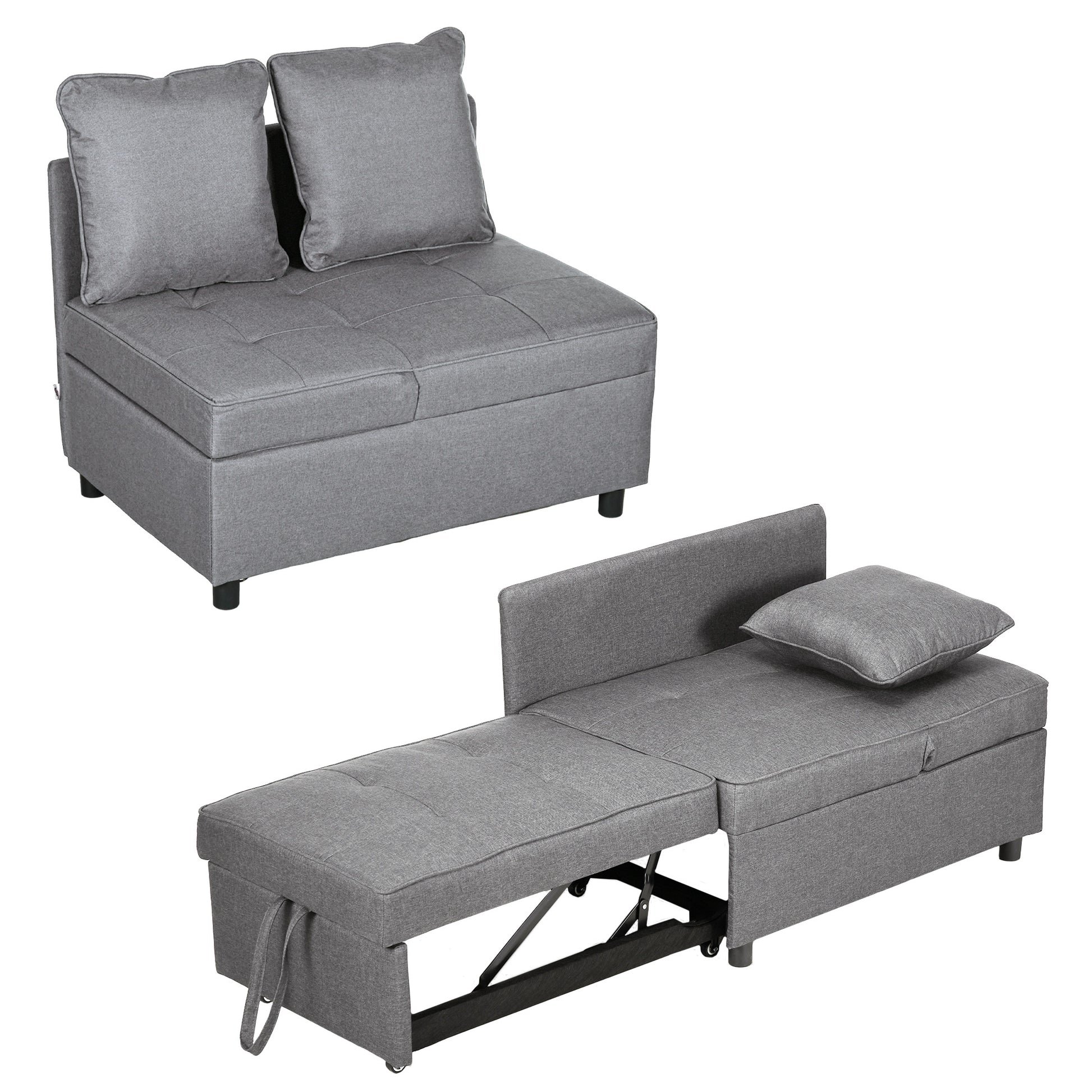 Sleeper Chair 3-in-1 Pull-Out Sofa Bed with Bed Function 2 Seater Sofa with Adjustable Backrest, Side Pocket, Cushion, Casters, up to 300 kg, for small space Dark Gray