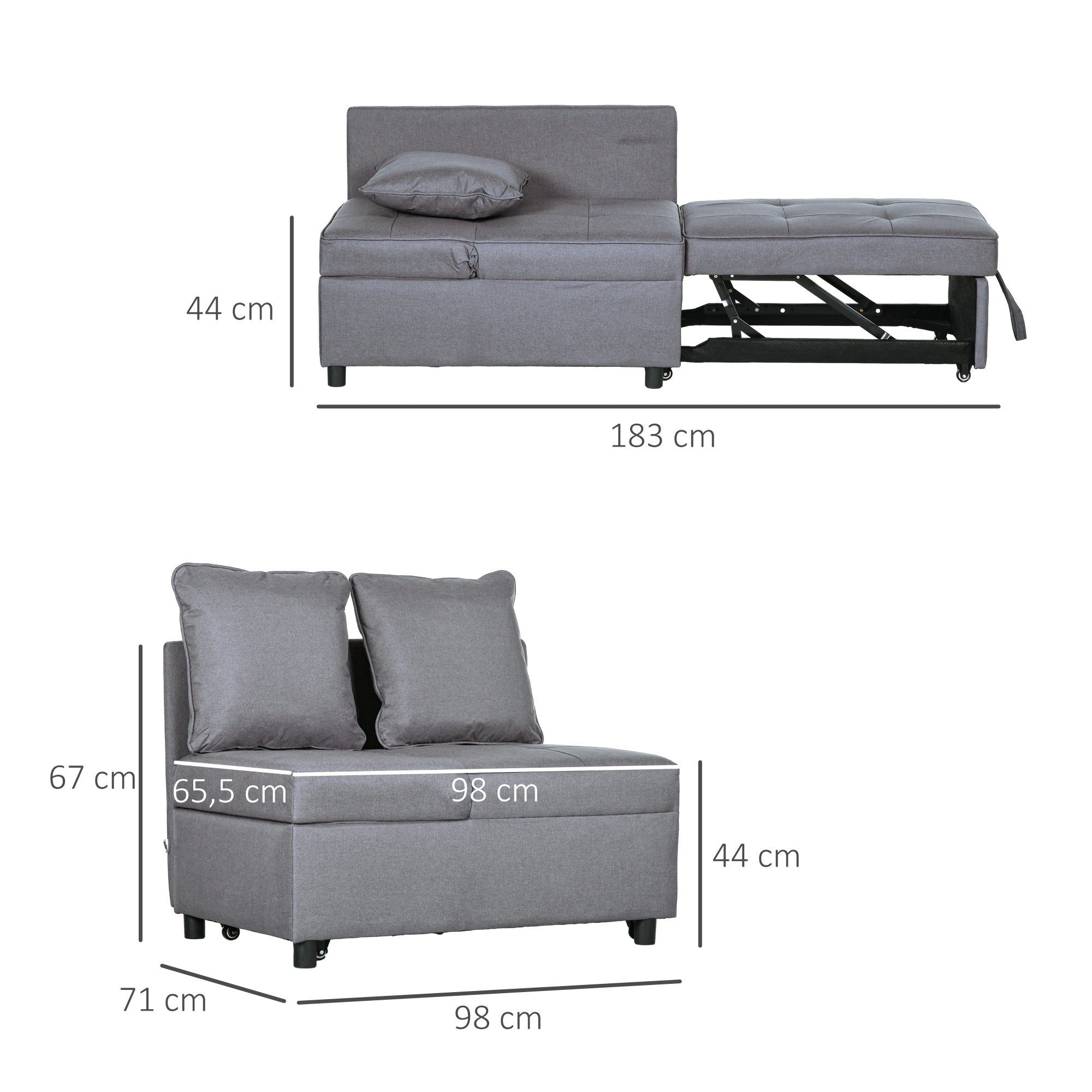 Sleeper Chair 3-in-1 Pull-Out Sofa Bed with Bed Function 2 Seater Sofa with Adjustable Backrest, Side Pocket, Cushion, Casters, up to 300 kg, for small space Dark Gray