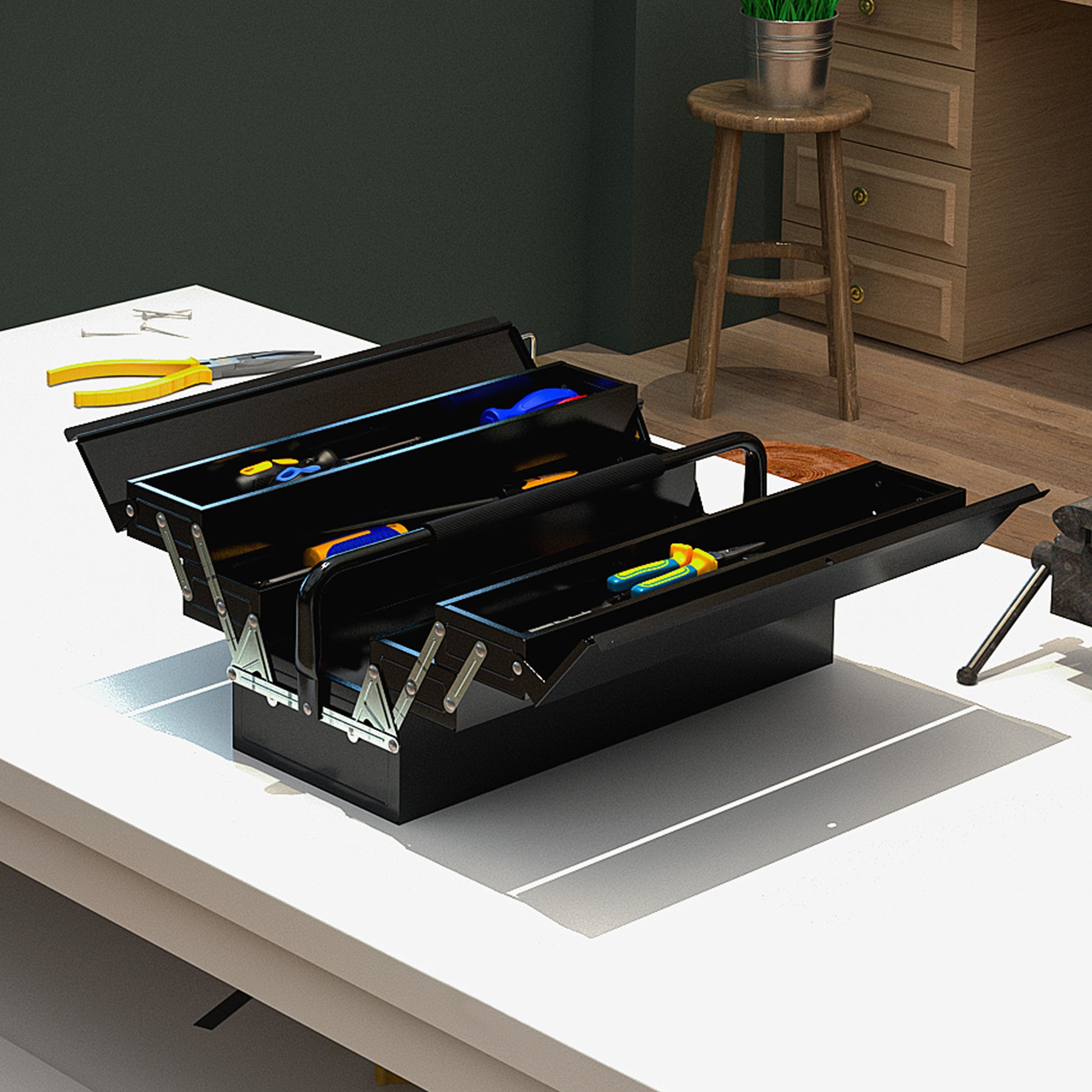 Tool Box Tool Chest 5 Compartments Foldable Steel (SPCC) Black 56 x 20 x 41 cm
