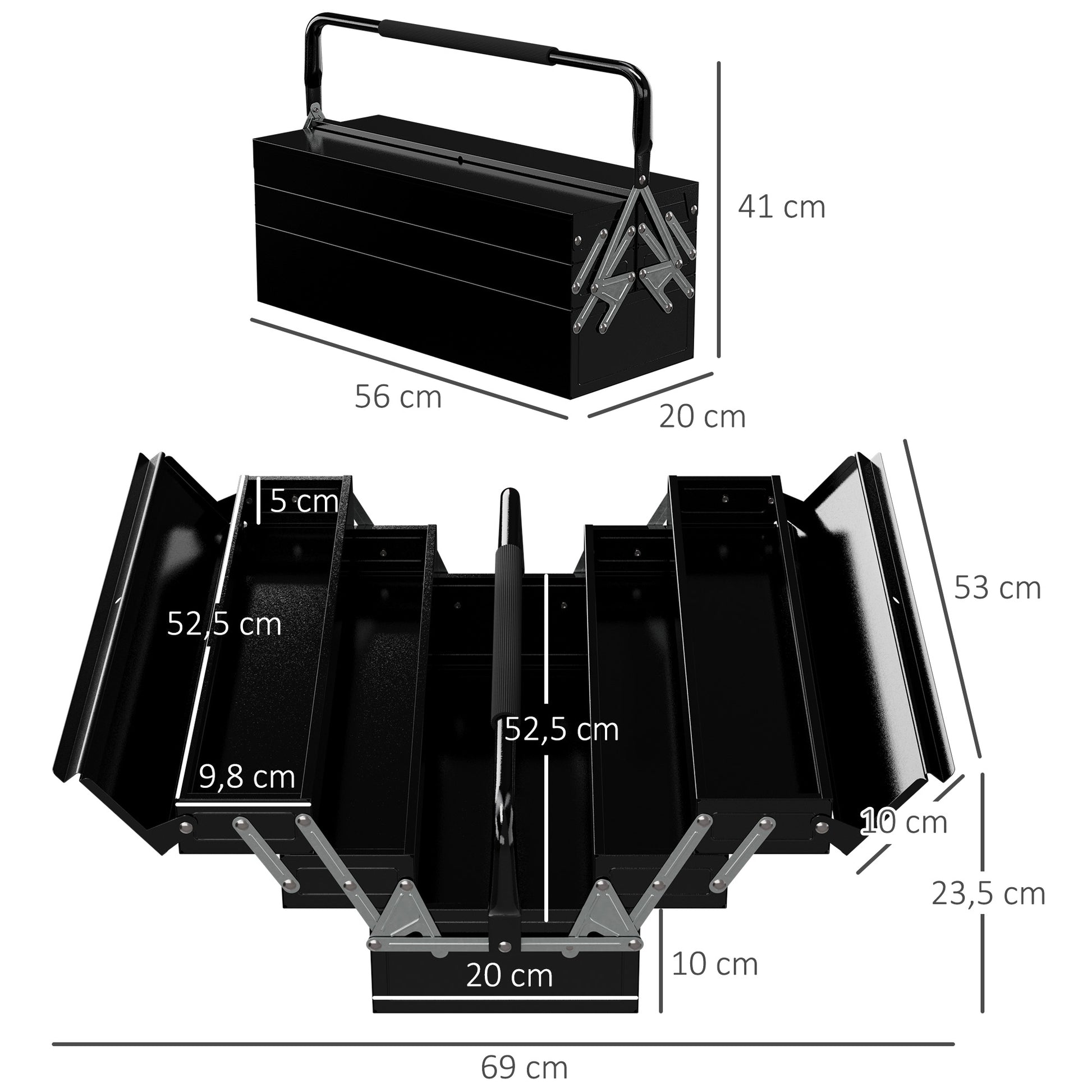 Tool Box Tool Chest 5 Compartments Foldable Steel (SPCC) Black 56 x 20 x 41 cm