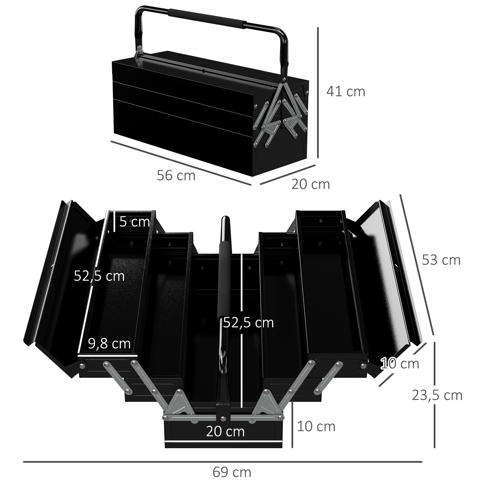 Tool Box Tool Chest 5 Compartments Foldable Steel (SPCC) Black 56 x 20 x 41 cm