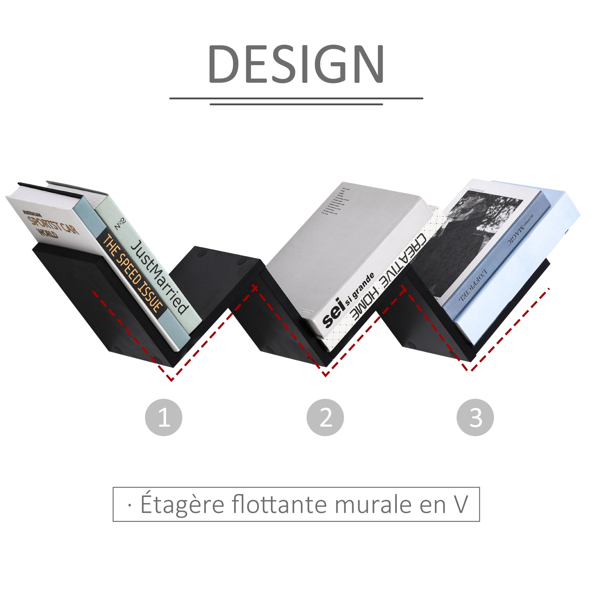 Floating Wall Shelves - Contemporary V-shaped Design - Mounting Kit Included - Black Particle Boards