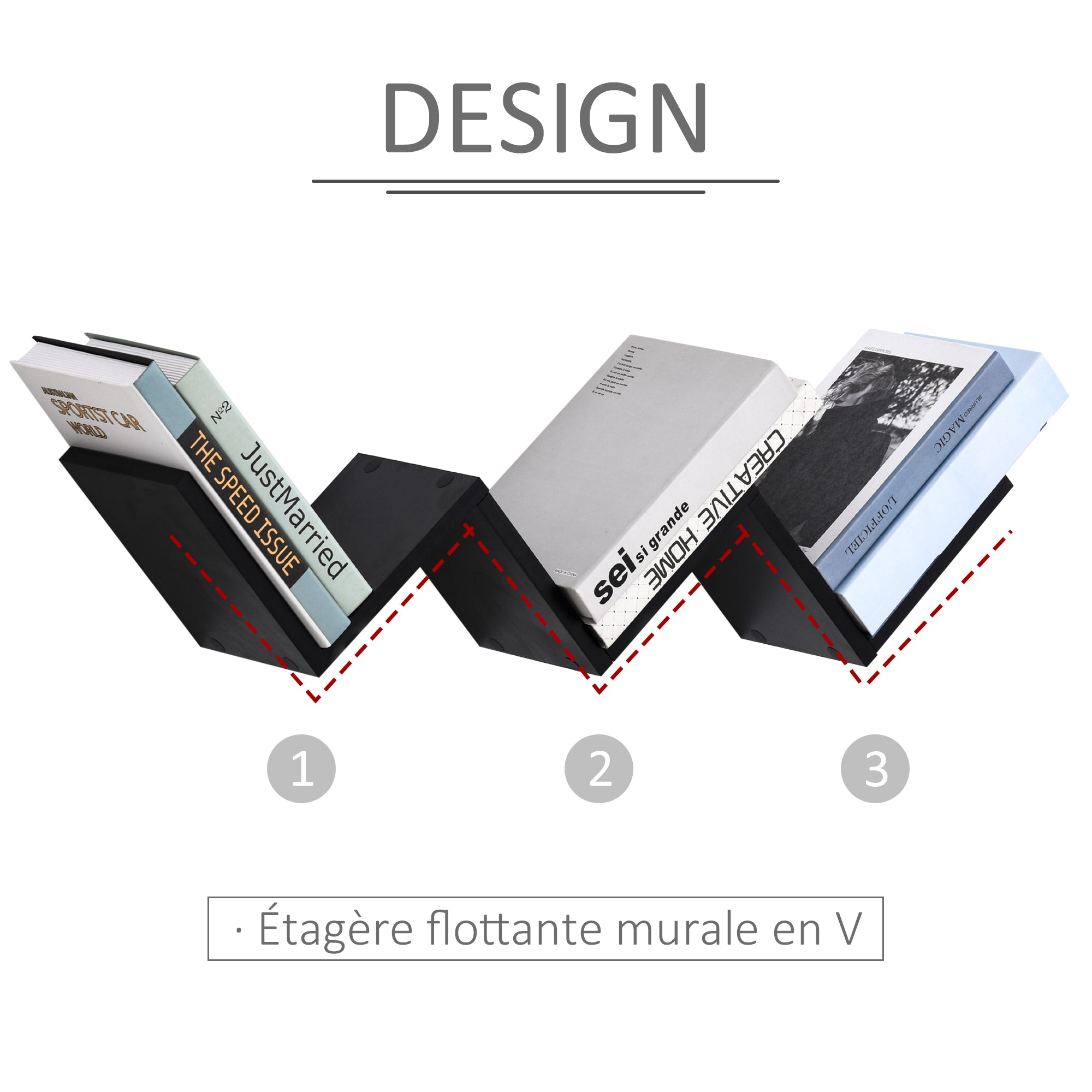 Floating Wall Shelves - Contemporary V-shaped Design - Mounting Kit Included - Black Particle Boards