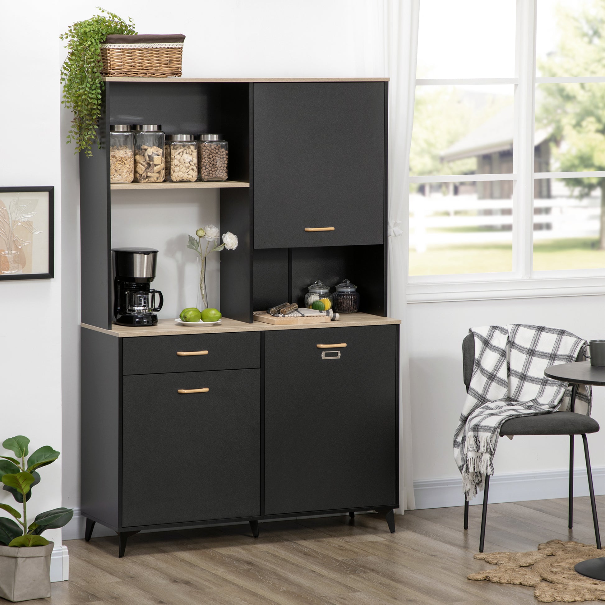 Kitchen Pantry Sideboard with 1 Drawer 3 Doors and Open Storage Modern Style Microwave Stand 119x41x180 cm Black