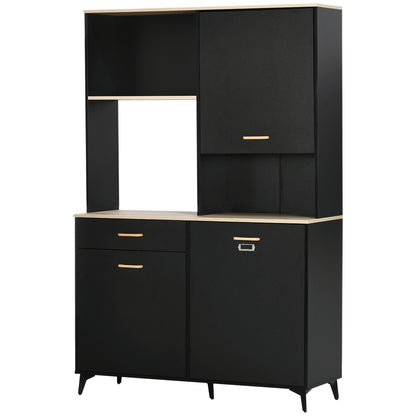 Kitchen Pantry Sideboard with 1 Drawer 3 Doors and Open Storage Modern Style Microwave Stand 119x41x180 cm Black