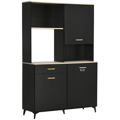 Kitchen Pantry Sideboard with 1 Drawer 3 Doors and Open Storage Modern Style Microwave Stand 119x41x180 cm Black