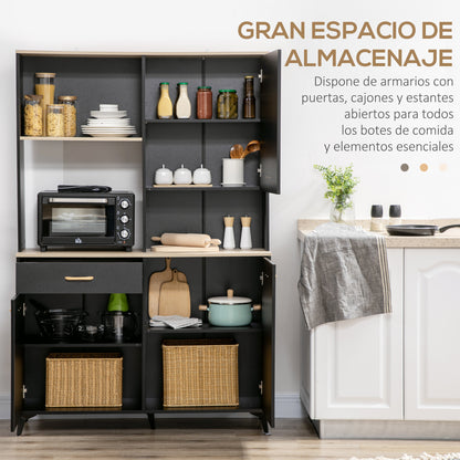 Kitchen Pantry Sideboard with 1 Drawer 3 Doors and Open Storage Modern Style Microwave Stand 119x41x180 cm Black