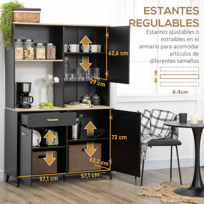 Kitchen Pantry Sideboard with 1 Drawer 3 Doors and Open Storage Modern Style Microwave Stand 119x41x180 cm Black