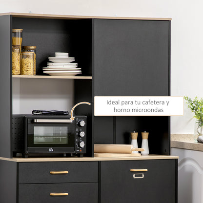 Kitchen Pantry Sideboard with 1 Drawer 3 Doors and Open Storage Modern Style Microwave Stand 119x41x180 cm Black