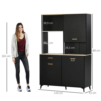 Kitchen Pantry Sideboard with 1 Drawer 3 Doors and Open Storage Modern Style Microwave Stand 119x41x180 cm Black