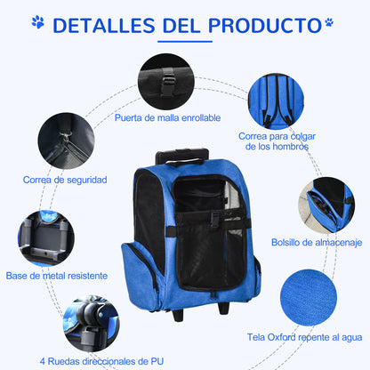 Pet Carrier 2-in-1 Wheeled Backpack Travel Bag with 2 Wheels for Dogs Cats with Retractable Aluminum Handle and Storage Pockets 16.5x9.8x21.7 inches Blue