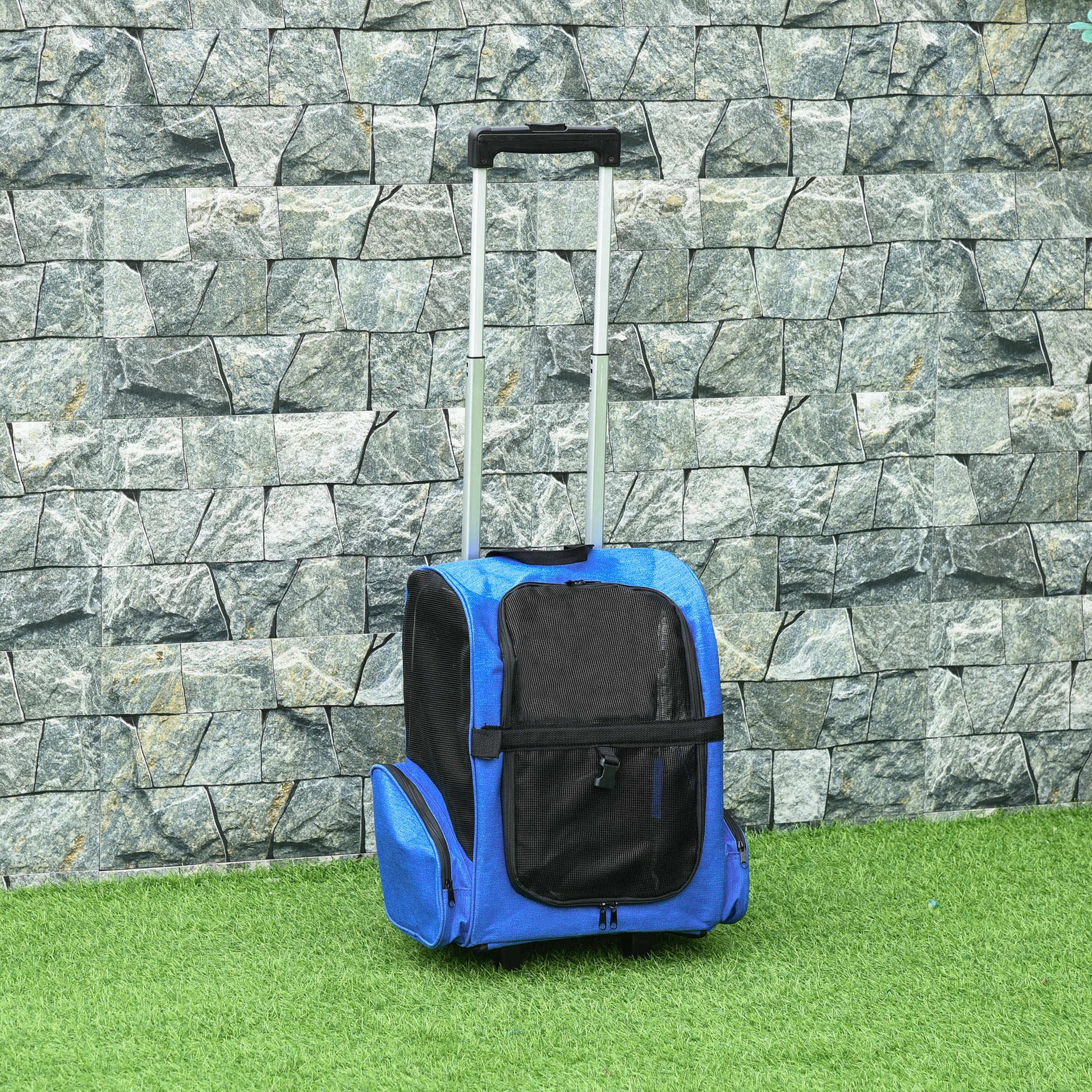 Pet Carrier 2-in-1 Wheeled Backpack Travel Bag with 2 Wheels for Dogs Cats with Retractable Aluminum Handle and Storage Pockets 16.5x9.8x21.7 inches Blue