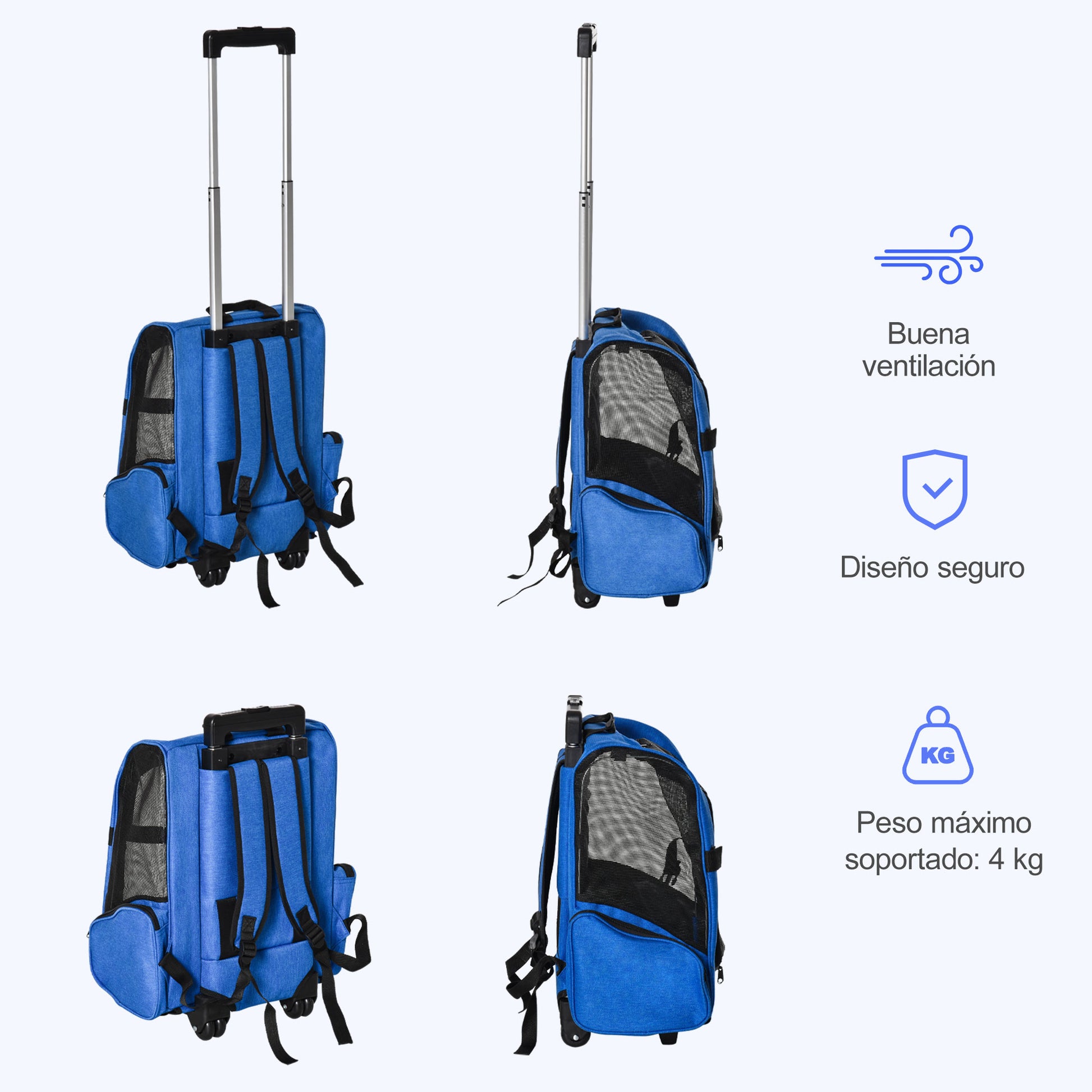 Pet Carrier 2-in-1 Wheeled Backpack Travel Bag with 2 Wheels for Dogs Cats with Retractable Aluminum Handle and Storage Pockets 16.5x9.8x21.7 inches Blue