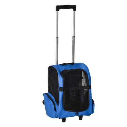 Pet Carrier 2-in-1 Wheeled Backpack Travel Bag with 2 Wheels for Dogs Cats with Retractable Aluminum Handle and Storage Pockets 16.5x9.8x21.7 inches Blue