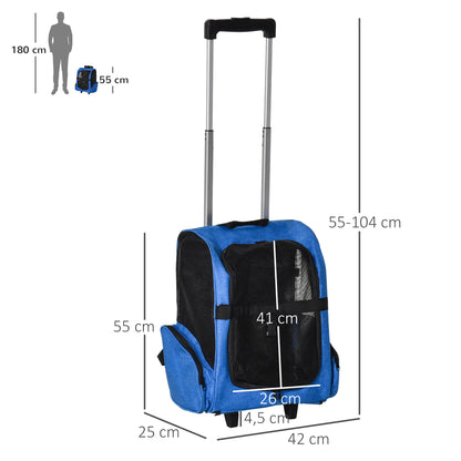 Pet Carrier 2-in-1 Wheeled Backpack Travel Bag with 2 Wheels for Dogs Cats with Retractable Aluminum Handle and Storage Pockets 16.5x9.8x21.7 inches Blue