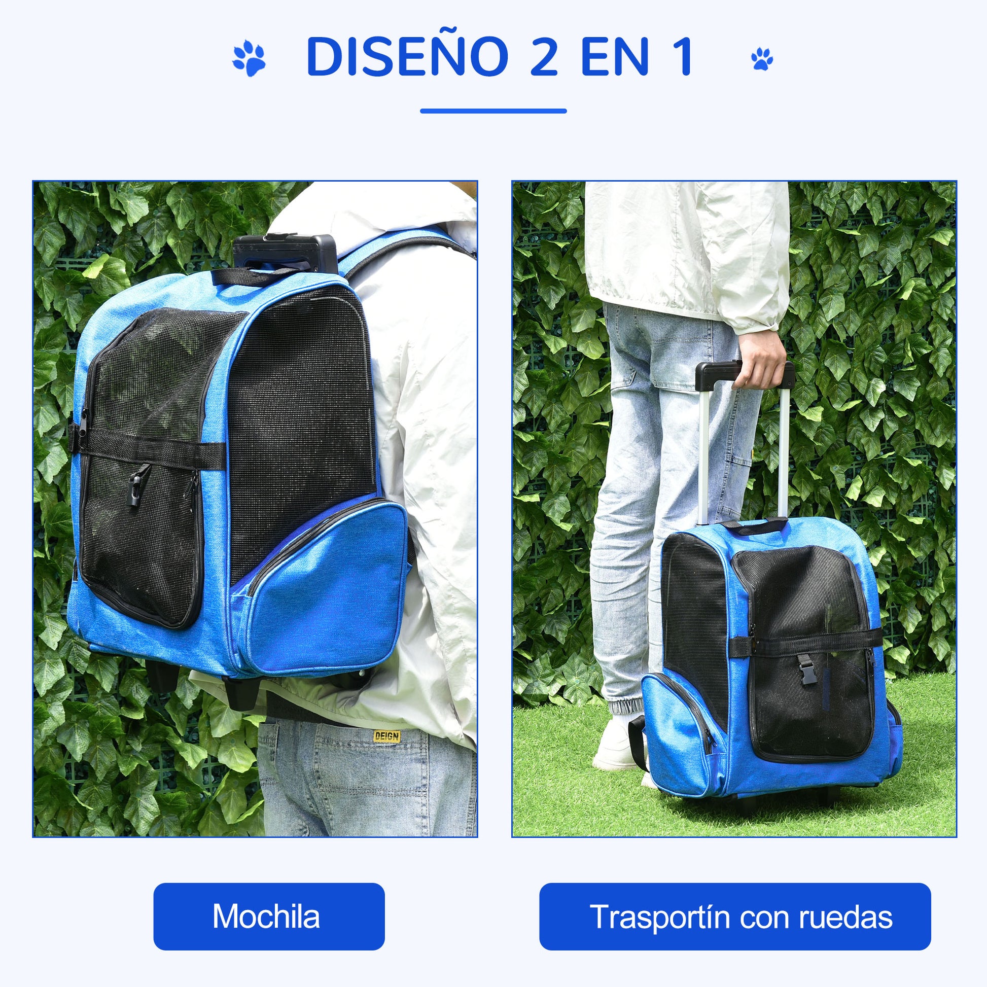 Pet Carrier 2-in-1 Wheeled Backpack Travel Bag with 2 Wheels for Dogs Cats with Retractable Aluminum Handle and Storage Pockets 16.5x9.8x21.7 inches Blue