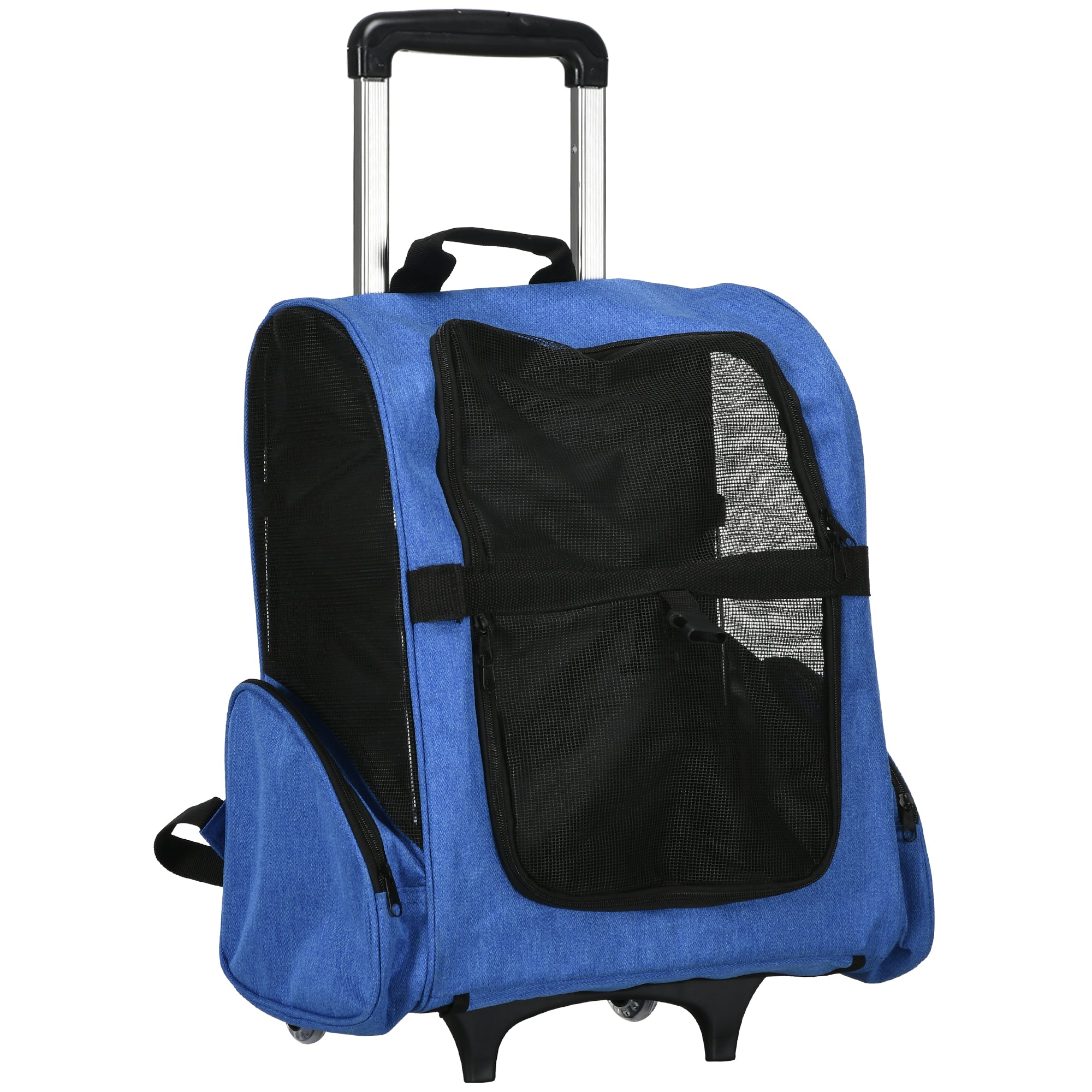 Pet Carrier 2-in-1 Wheeled Backpack Travel Bag with 2 Wheels for Dogs Cats with Retractable Aluminum Handle and Storage Pockets 16.5x9.8x21.7 inches Blue