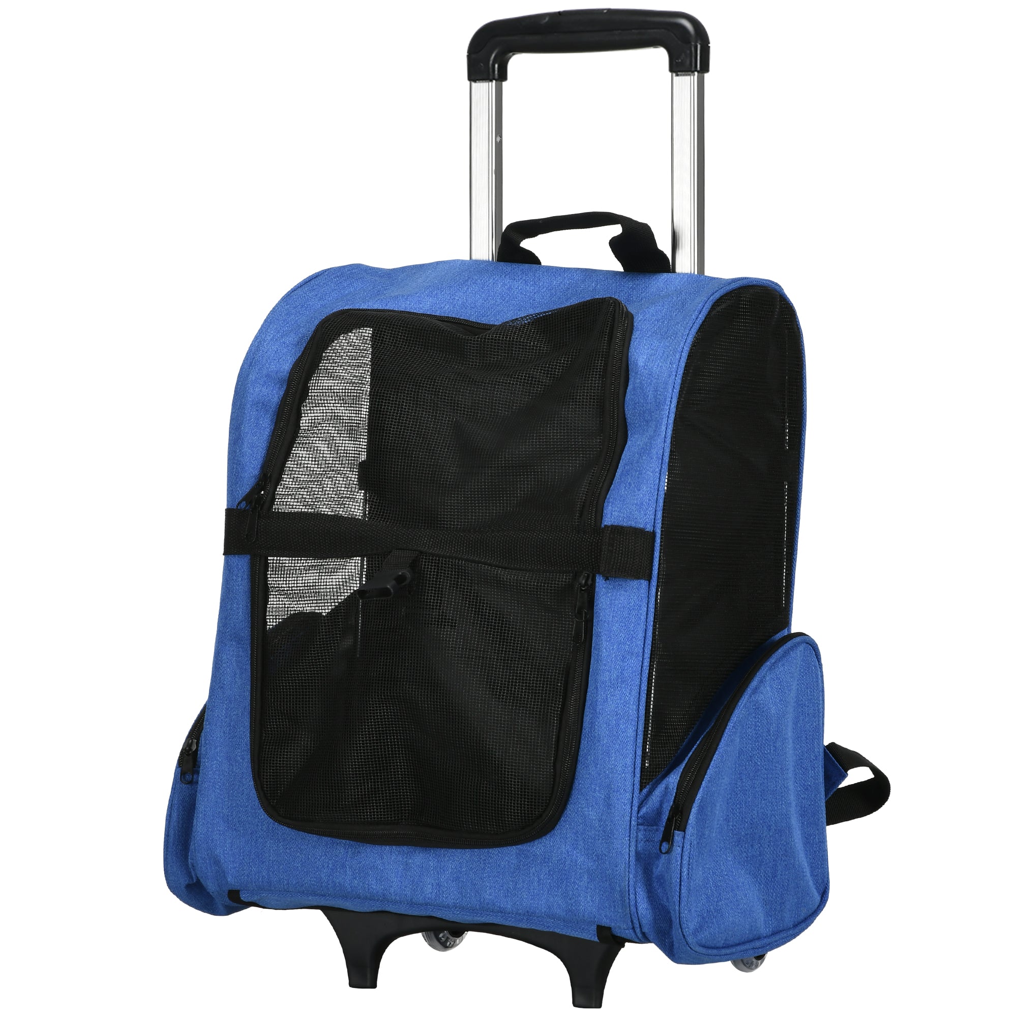 Pet Carrier 2-in-1 Wheeled Backpack Travel Bag with 2 Wheels for Dogs Cats with Retractable Aluminum Handle and Storage Pockets 16.5x9.8x21.7 inches Blue