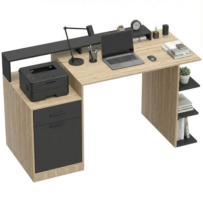 140x60 cm Computer Desk with Drawers, Headphone Hook, Cabinet & Shelves — Oak/Black