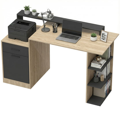 140x60 cm Computer Desk with Drawers, Headphone Hook, Cabinet & Shelves — Oak/Black