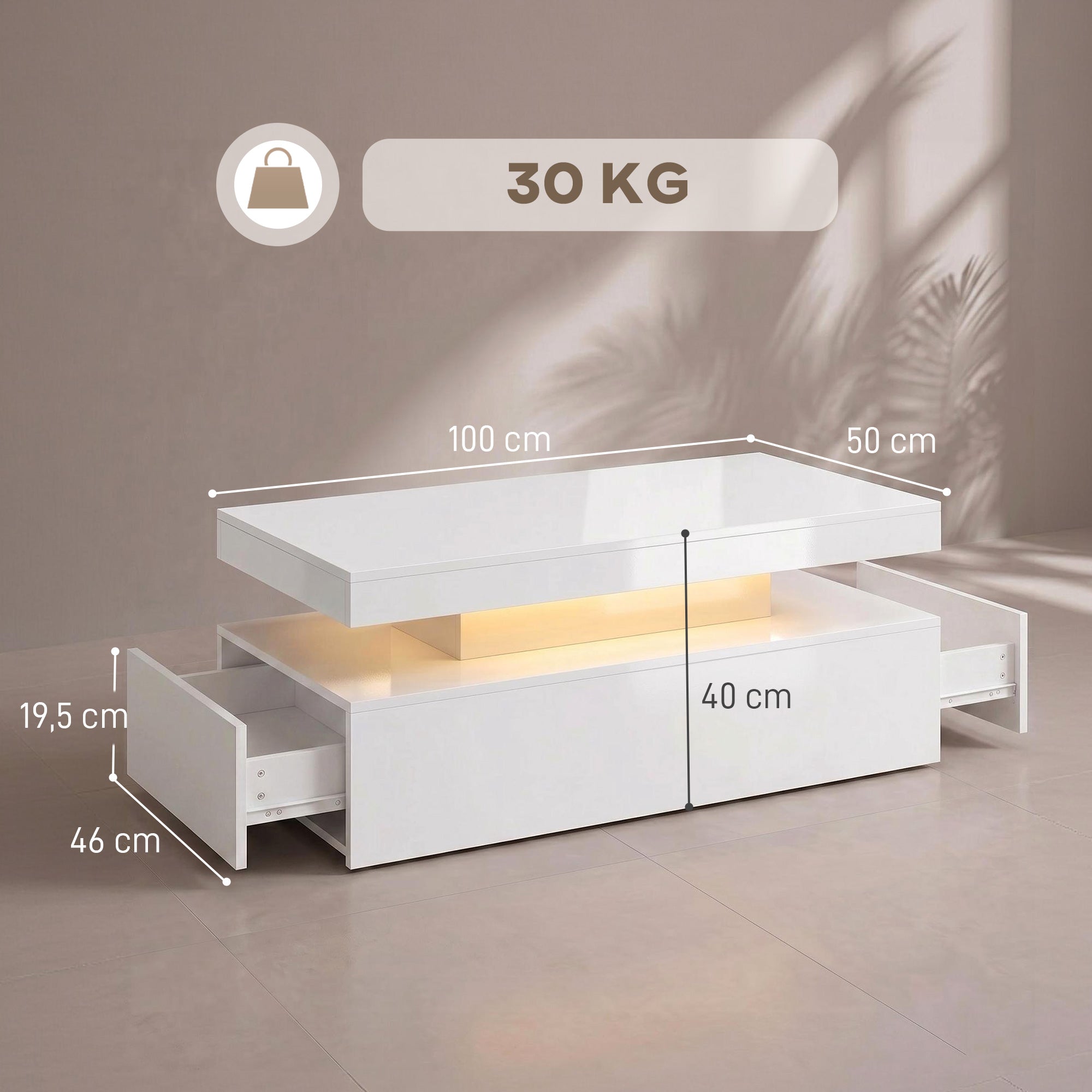 Coffee Table, High-Gloss White with Dimmable RGB LED Strip, App Control, 2 Drawers, Music Sync & Timer, Modern Side Table 39.4 x 19.7 x 15.7 in (100 x 50 x 40 cm)