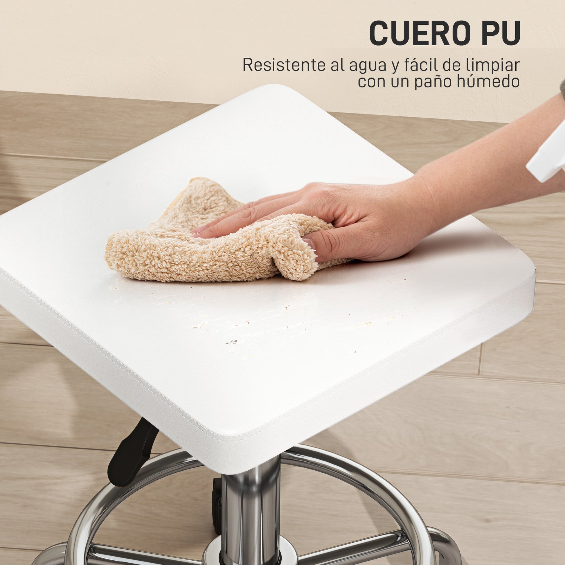 Swivel Stool with Wheels Adjustable Height 50-66 cm Upholstered Seat PU Leather Footrest for Living Rooms and Workshops White