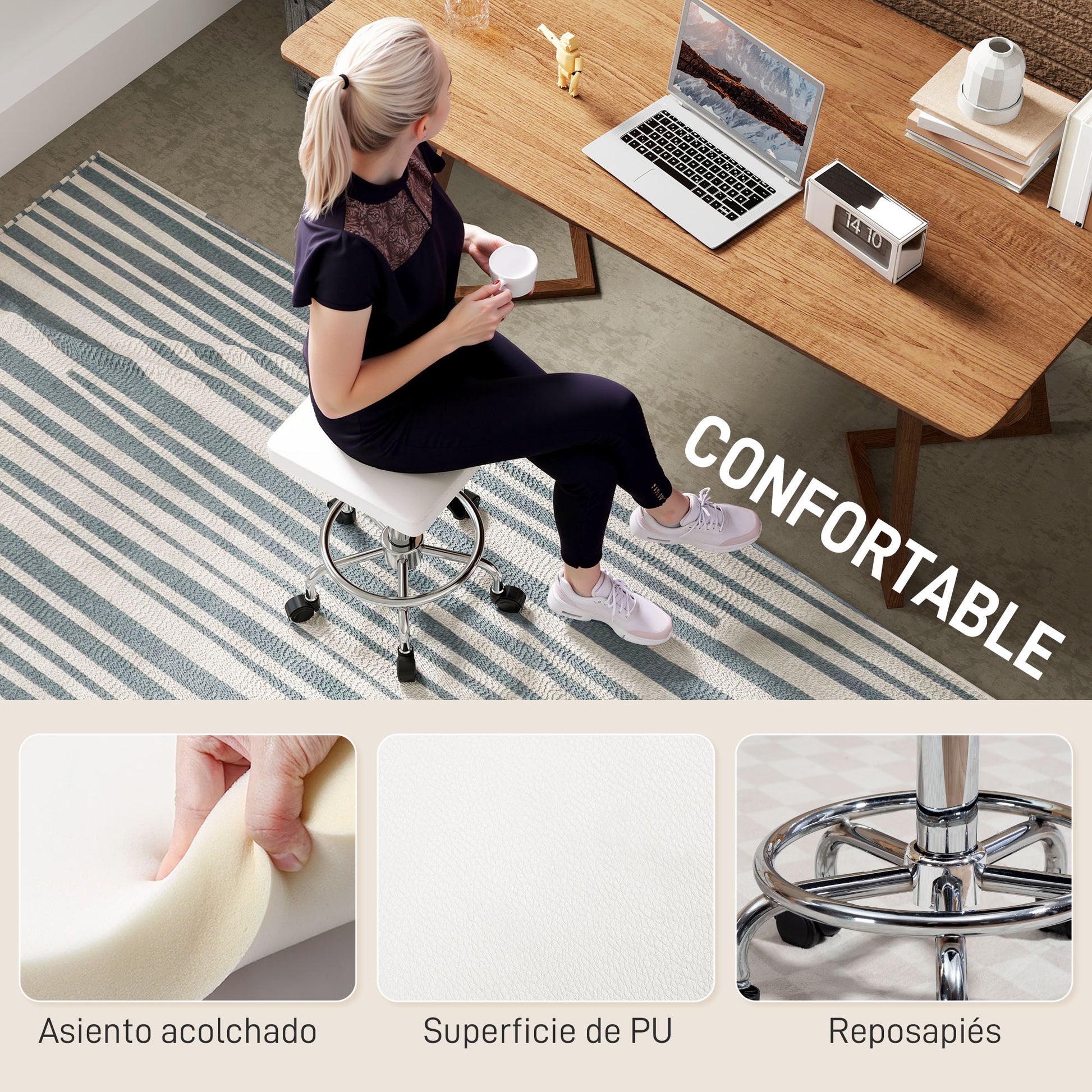 Swivel Stool with Wheels Adjustable Height 50-66 cm Upholstered Seat PU Leather Footrest for Living Rooms and Workshops White