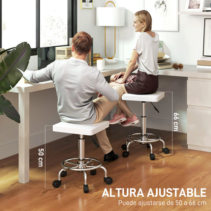 Swivel Stool with Wheels Adjustable Height 50-66 cm Upholstered Seat PU Leather Footrest for Living Rooms and Workshops White